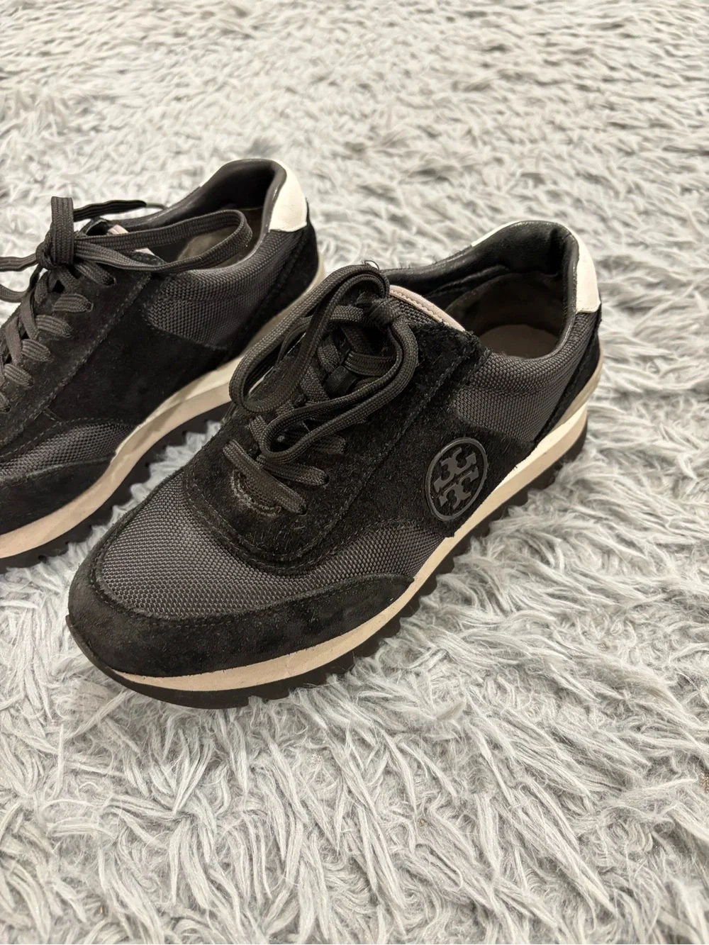 Tory Burch Sneakers Women’s 6.5 M Sawtooth Suede Canvas Black Grey Logo Trainers